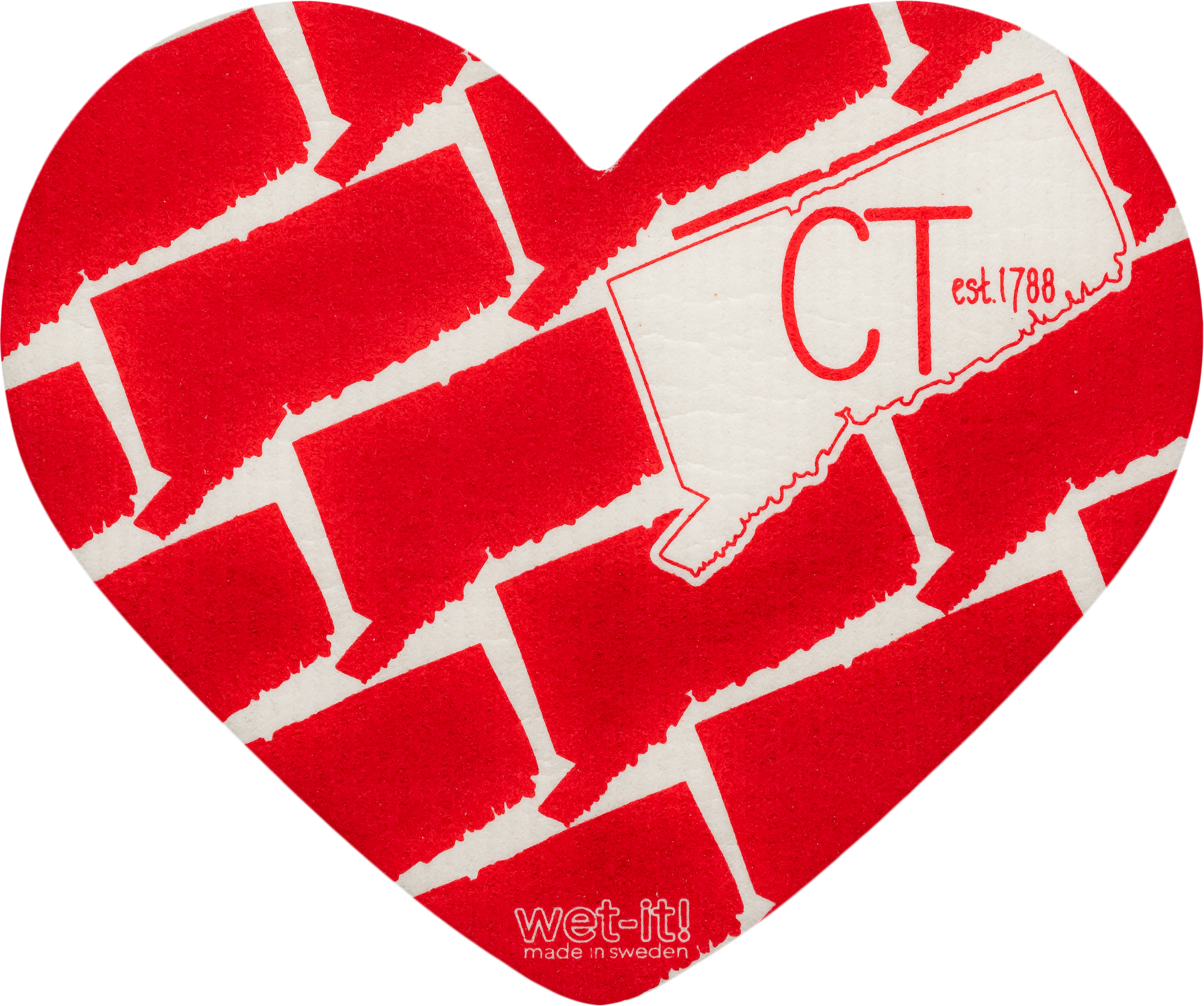 A swedish dishcloth in the shape of a hear that says "CT est 1788". Love your state