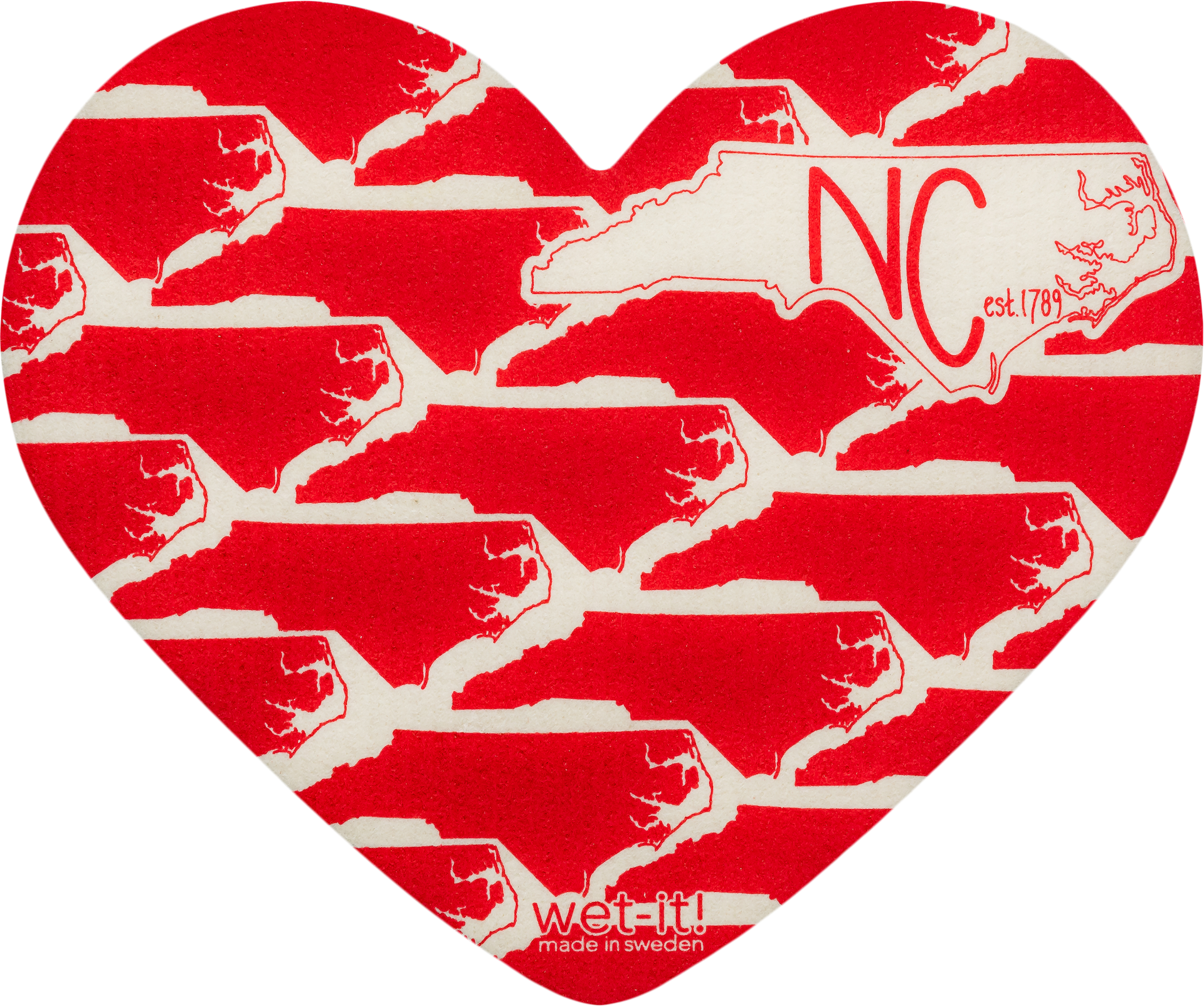 A red and white swedish dishcloth with a heart-like shape outlined in red, featuring a stylized North Carolina map and the letter 'NC est 1789' 